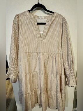 Chic Soul Tan and White Striped Tiered Dress - New, Right out of package - 1X
